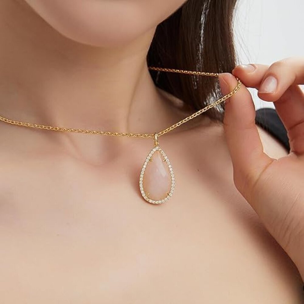 Natural Stone Pink Quart Heart Teardrop Irregular Necklace for Women Rose Quartz - Picture 3 of 5